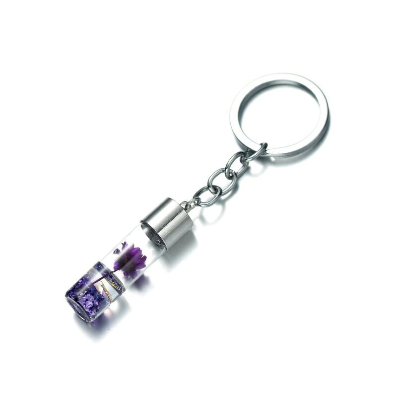 Porte-clés créatif flacon avec fleur violette sèche