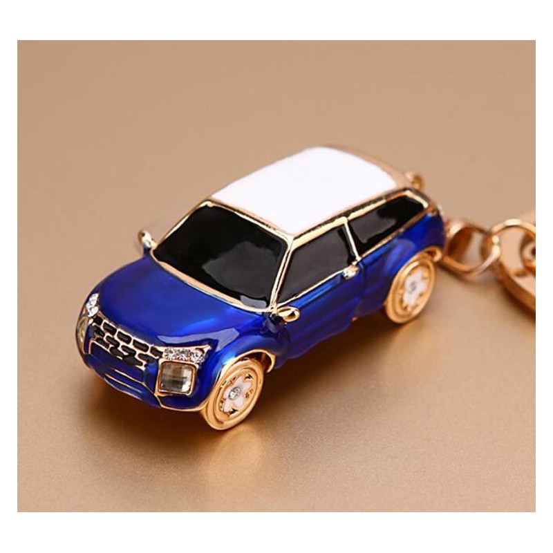 Porte-clefs mini voiture bleue en strass
